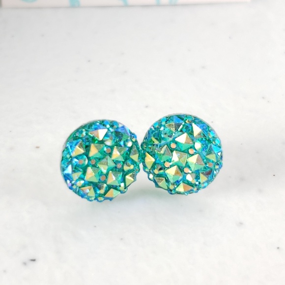 Teal Sparkle Acrylic Druzy Stud Earrings - Picture 6 of 6